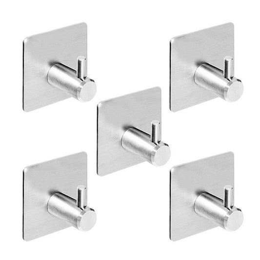 5-Pack Self-Adhesive Stainless Steel Wall Hooks – Heavy-Duty Brushed Silver Hooks for Towels, Hats & Robes