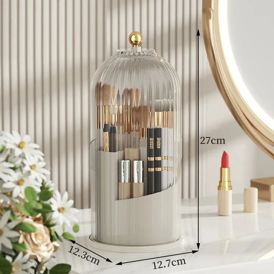 GlamSpin™ 360° Rotating Makeup Brush Holder – Dustproof Cosmetic Organizer with Lid & Multi-Tool