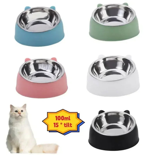 100ML Raised Cat & Dog Bowl – 15° Tilted Non-Slip Food & Water Feeder with Neck Protection Design for Puppies and Kittens