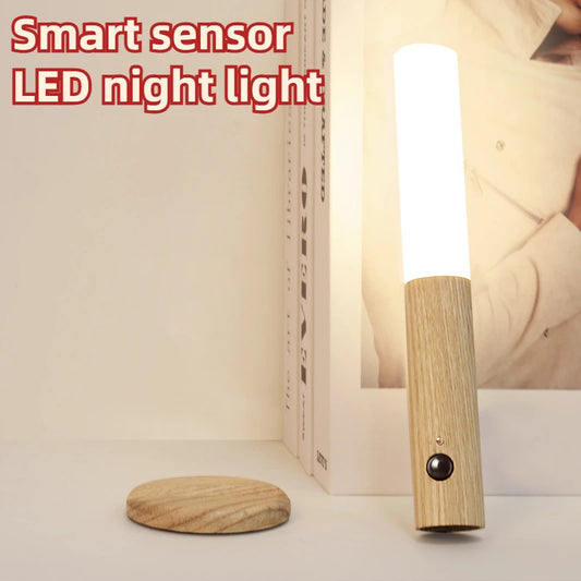 Rechargeable Motion Sensor Night Light – Magnetic Wooden Wall Sconce for Bedroom, Hallway & Stair Lighting