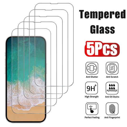 5pcs Tempered Glass Screen Protector for iPhone 17 / 16 / 15 / 14 / 13 / 12 Series – Anti-Scratch & Anti-Fingerprint Protection Film