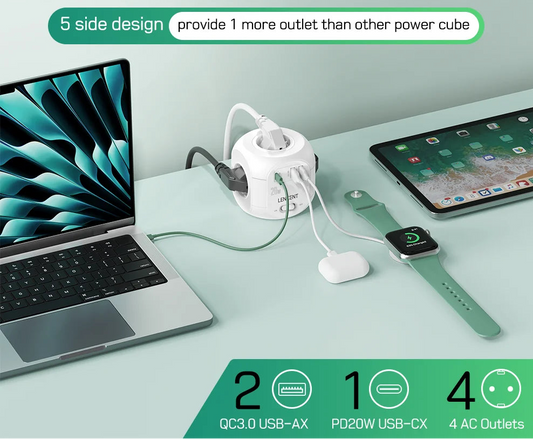 LENCENT Flat EU Plug Power Strip Cube with 4AC Outlets +2 QC3.0 USB+ 1Type C PD20W Fast Charging 2M/3M Braided Cable For Home