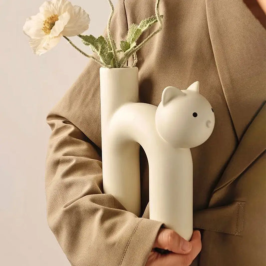 Cream-Style Cat Ceramic Vase – Cute Decorative Flower Vase for Bedroom, Living Room & Office Decor
