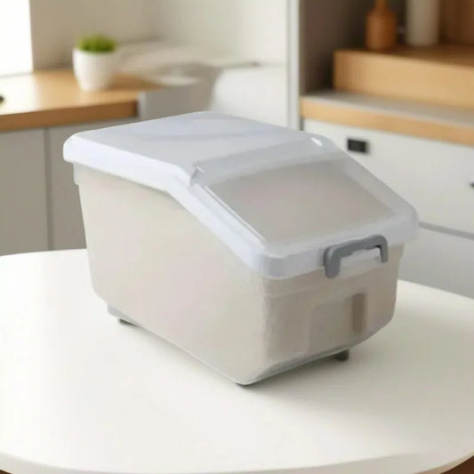 Rice Storage Container with Lid & Wheels – Moisture-Proof Plastic Grain Dispenser Bin with Scoop for Flour, Cereal & Kitchen Organization