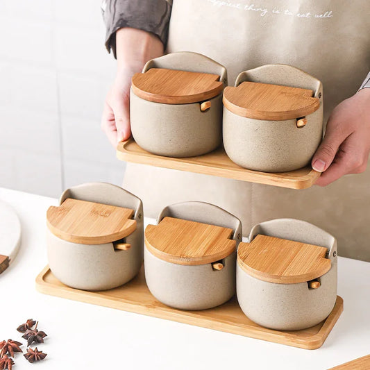 Japanese-Style Ceramic Spice Jar with Bamboo Lid & Spoon – Elegant Seasoning Container for Sugar, Salt & Kitchen Storage