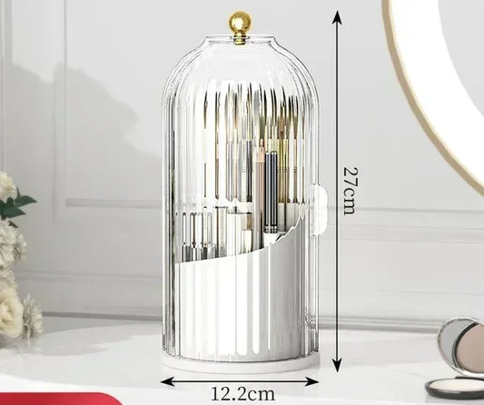 GlamSpin™ 360° Rotating Makeup Brush Holder – Dustproof Cosmetic Organizer with Lid & Multi-Tool