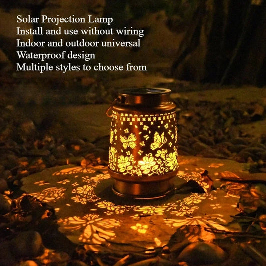 Solar-Powered Hollow Iron Projection Lantern for Garden & Outdoor Décor