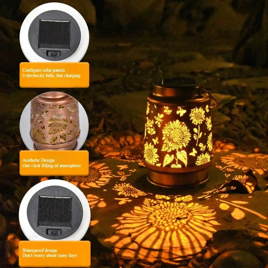 Solar-Powered Hollow Iron Projection Lantern for Garden & Outdoor Décor