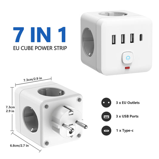 7-in-1 EU Power Strip – Surge Protector with 3 AC Outlets, 3 USB Ports & 1 Type-C Port | Desktop Charging Station with Overload Protection