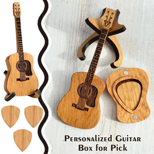 Wooden Guitar Pick Box with Stand and 3 Picks