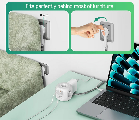 LENCENT Flat EU Plug Power Strip Cube with 4AC Outlets +2 QC3.0 USB+ 1Type C PD20W Fast Charging 2M/3M Braided Cable For Home