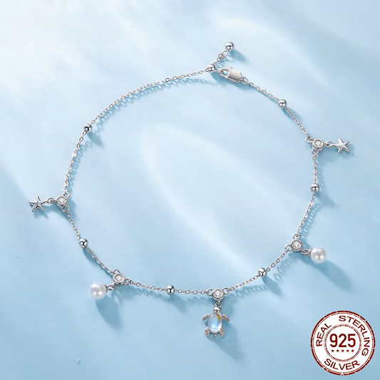 Sterling Silver Snake Chain Turtle Anklet for Women