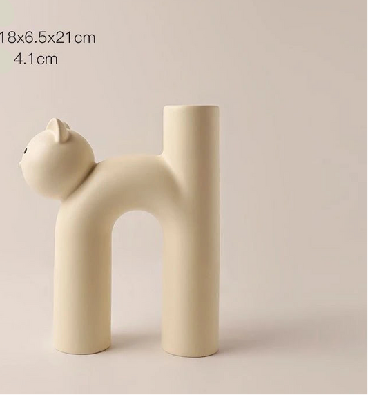 Cream-Style Cat Ceramic Vase – Cute Decorative Flower Vase for Bedroom, Living Room & Office Decor