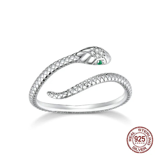 Sterling Silver Retro Snake Adjustable Ring with Green Cubic Zirconia for Women