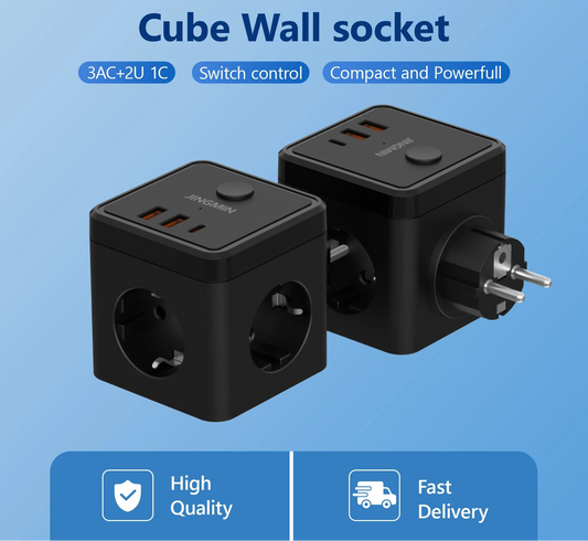 Wall Socket Extender with Switch – 3 Outlets, 2 USB-A & 1 Type-C Port | Portable Cube Power Strip Adapter for Travel & Home Charging