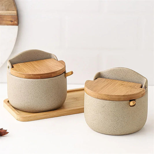 Japanese-Style Ceramic Spice Jar with Bamboo Lid & Spoon – Elegant Seasoning Container for Sugar, Salt & Kitchen Storage