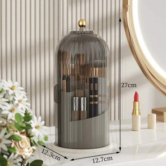 GlamSpin™ 360° Rotating Makeup Brush Holder – Dustproof Cosmetic Organizer with Lid & Multi-Tool