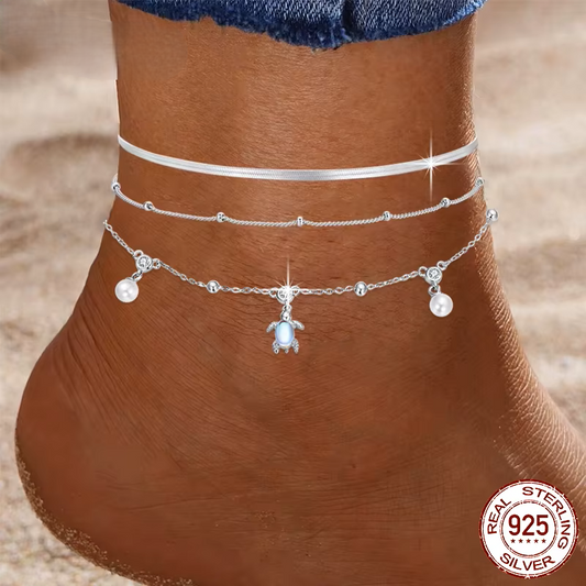 Sterling Silver Snake Chain Turtle Anklet for Women